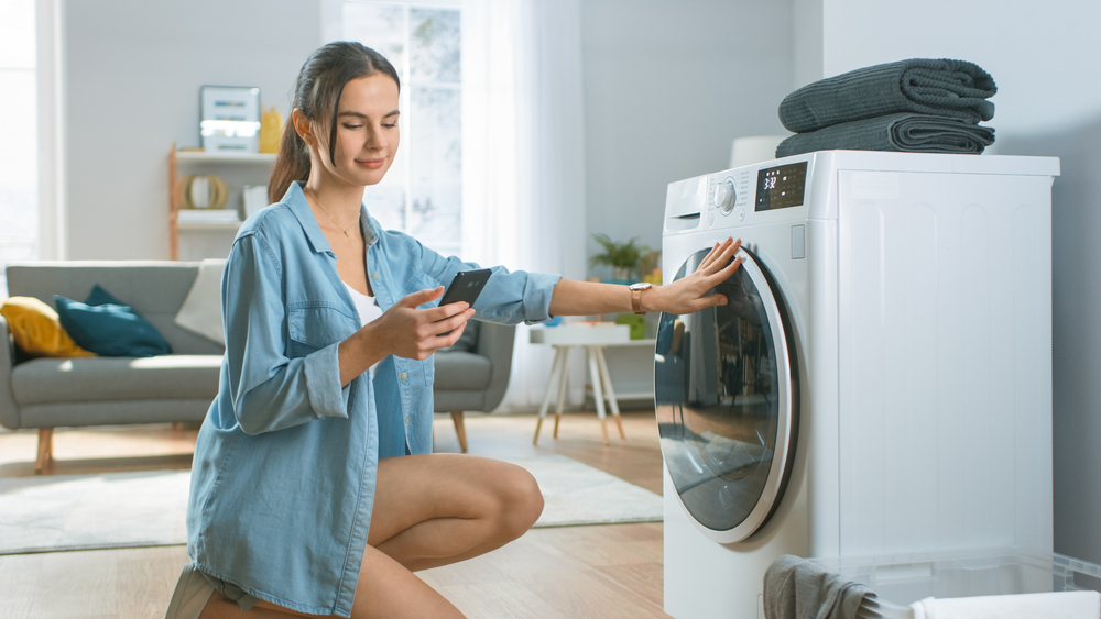 Front-load washing machine in a tidy laundry room